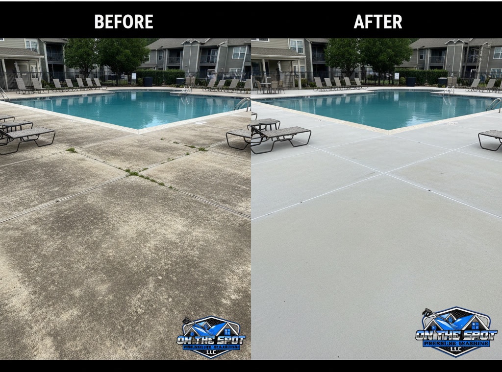 Apartment Pool Deck Pressure Washing Before and After
